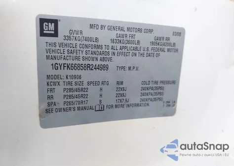 2008 Cadillac Escalade Esv Standard z USA, uszkodzony, nr VIN 1GYFK66858R244989